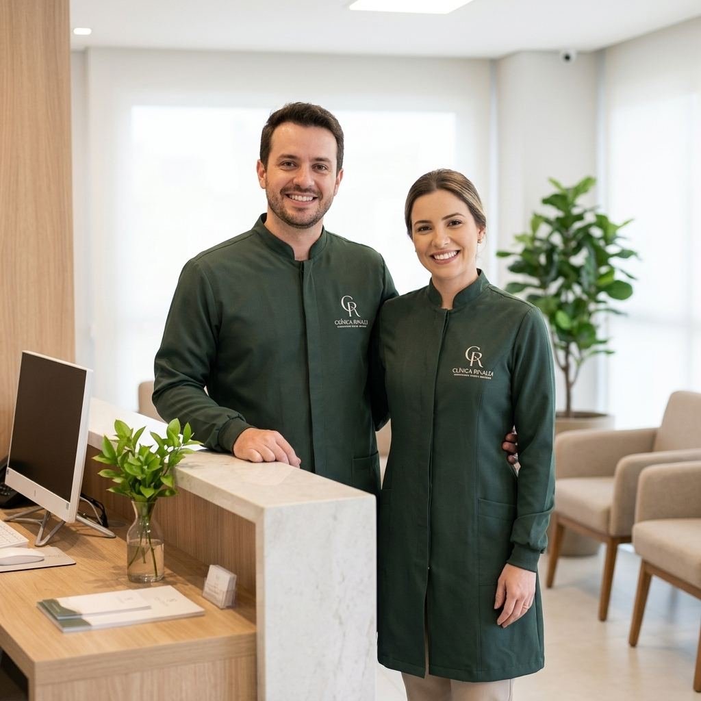 Equipe uniformizada da Clínica Rinaldi preparada para procedimentos de reabilitação oral em Curitiba